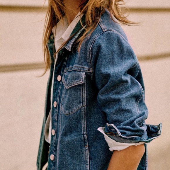 SEZANE classic cropped denim jacket with custom “Voyager” embroidery - Picture 1 of 16
